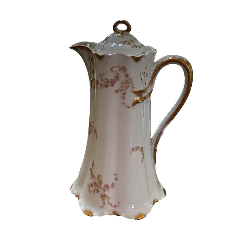Haviland Limoges coffee tea chocolate pot & lid vintage pink floral & gold trim